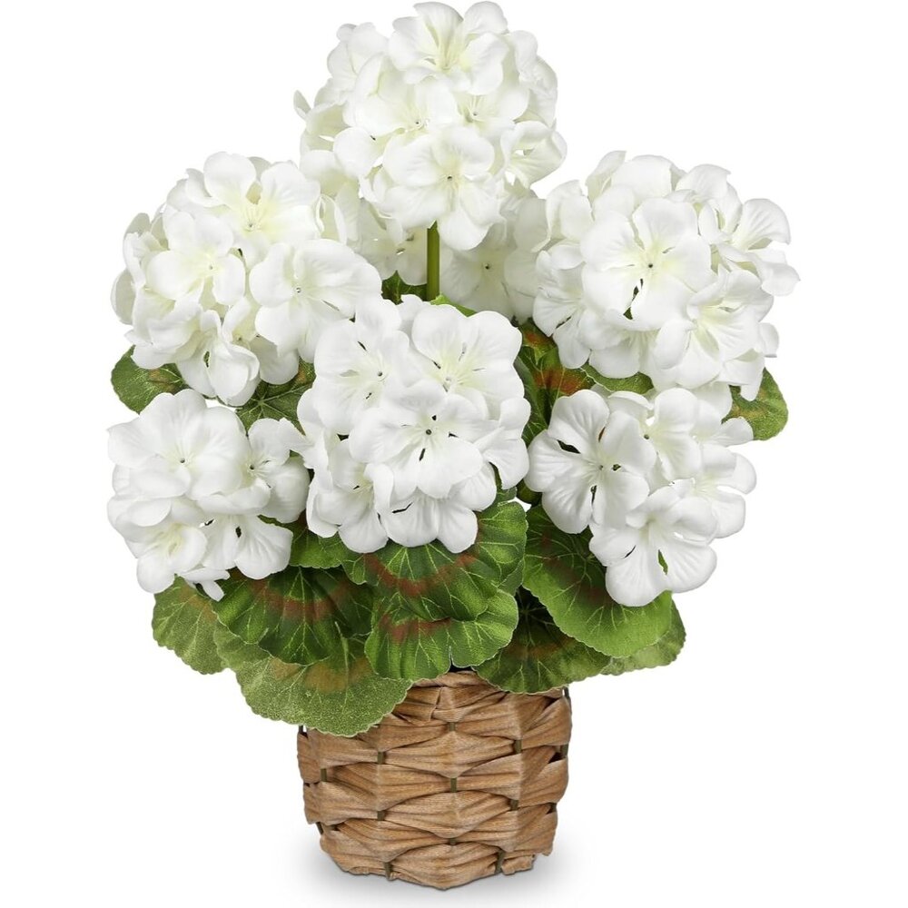 Artificial Flower White Basket Plant Potted Silk Realistic Lush Home Table Decor